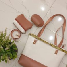 3-Piece Two-Tone Shoulder Bag Set: Tote, Clutch & Coin Purse - Blush Pink & White