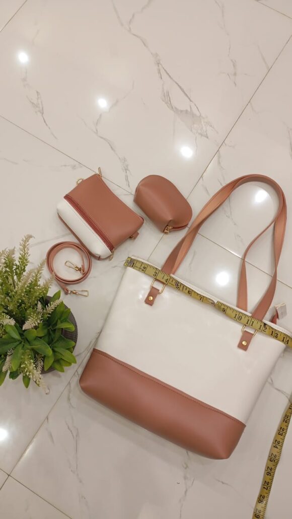 3-Piece Two-Tone Shoulder Bag Set: Tote, Clutch & Coin Purse - Blush Pink & White