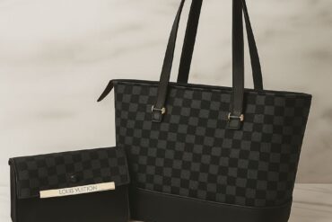 Chic Checkered Tote Bag & Matching Clutch Wallet Set - Premium Faux Leather in Black & Brown
