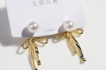 Elegant Pearl & Gold Bow Dangle Earrings for Women | Chic 925 Silver Post Fashion Jewelry