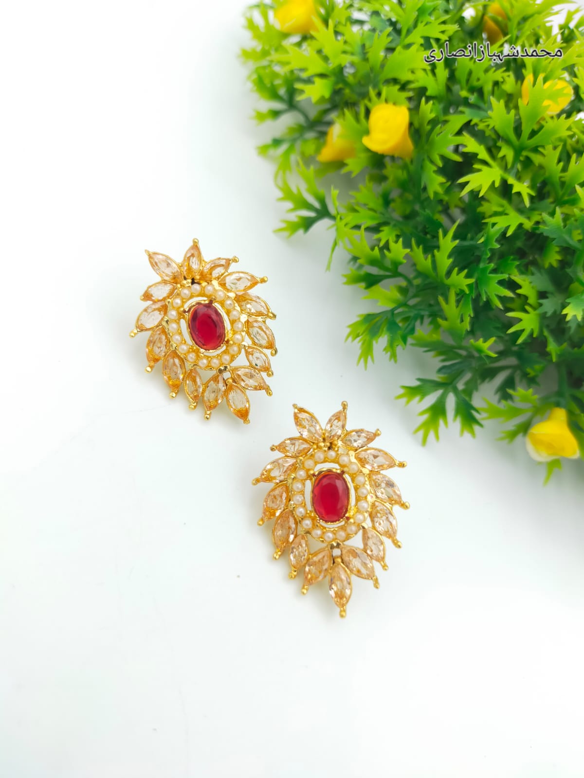 Elegant Floral Zirconia Stud Earrings - Vibrant Center Stone Collection - Image 5